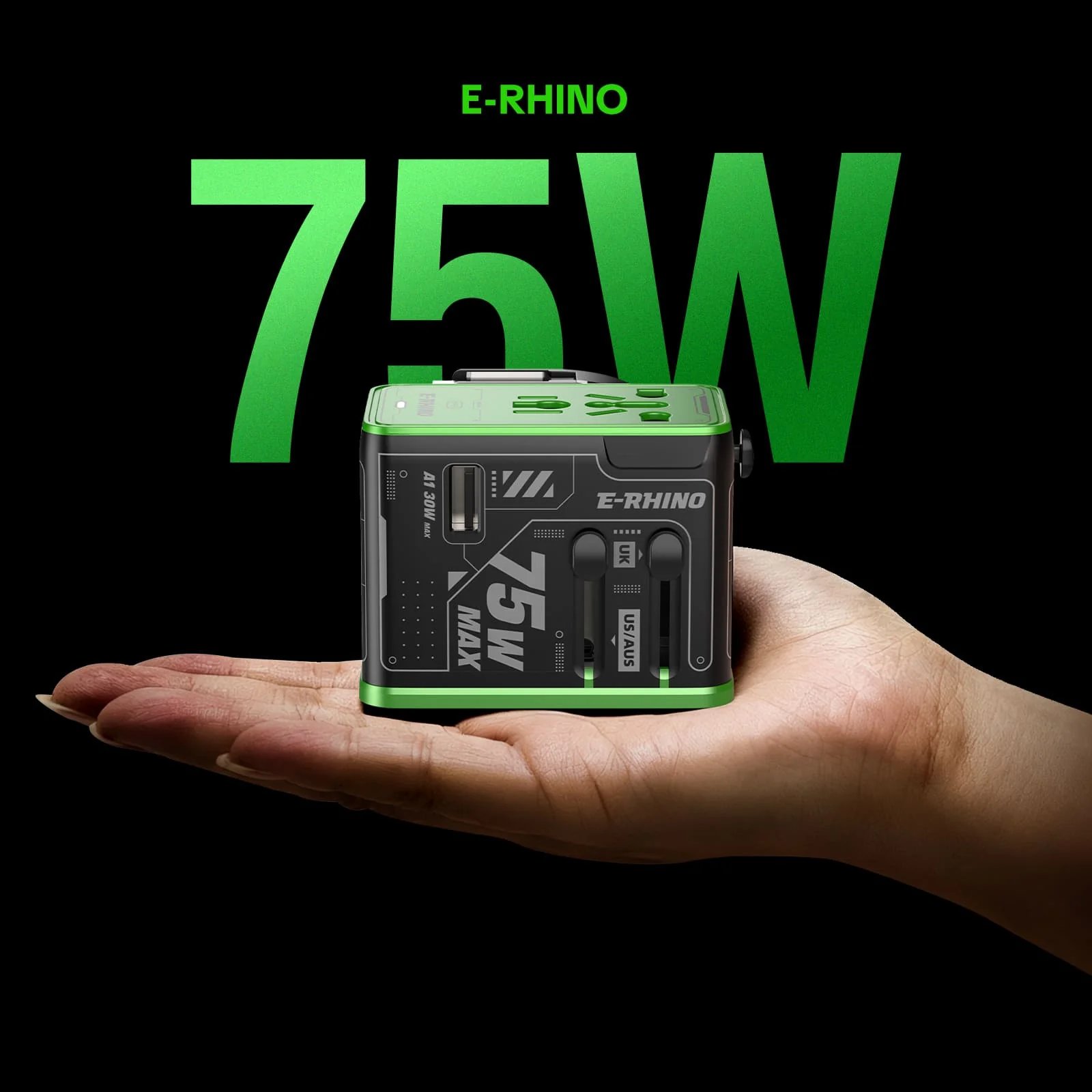 Mfish E-RHINO Travel Adapter (75W, 5-in-1, GaN, Built-in Retractable Cable)