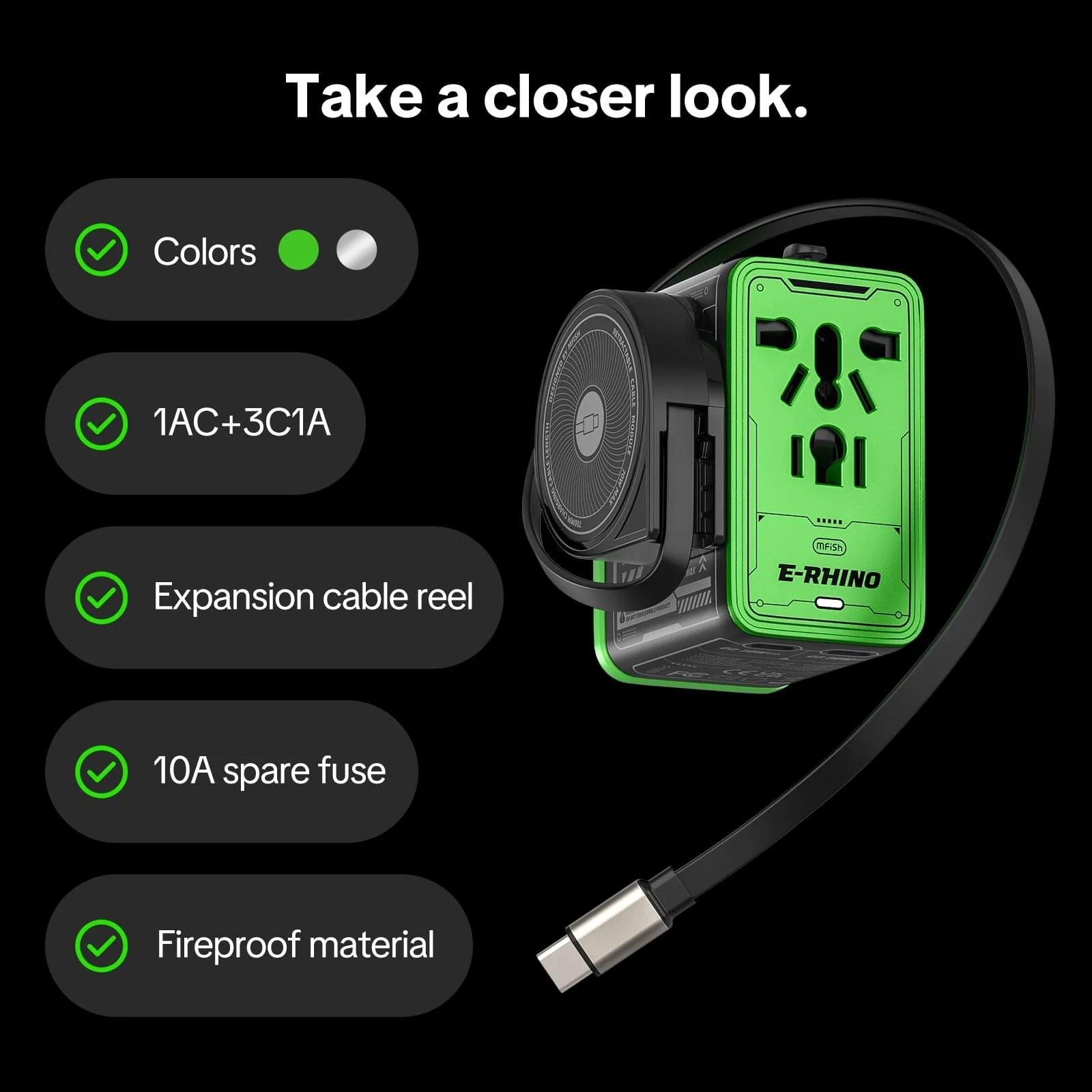 Mfish E-RHINO Travel Adapter (75W, 5-in-1, GaN, Built-in Retractable Cable) - Image 2