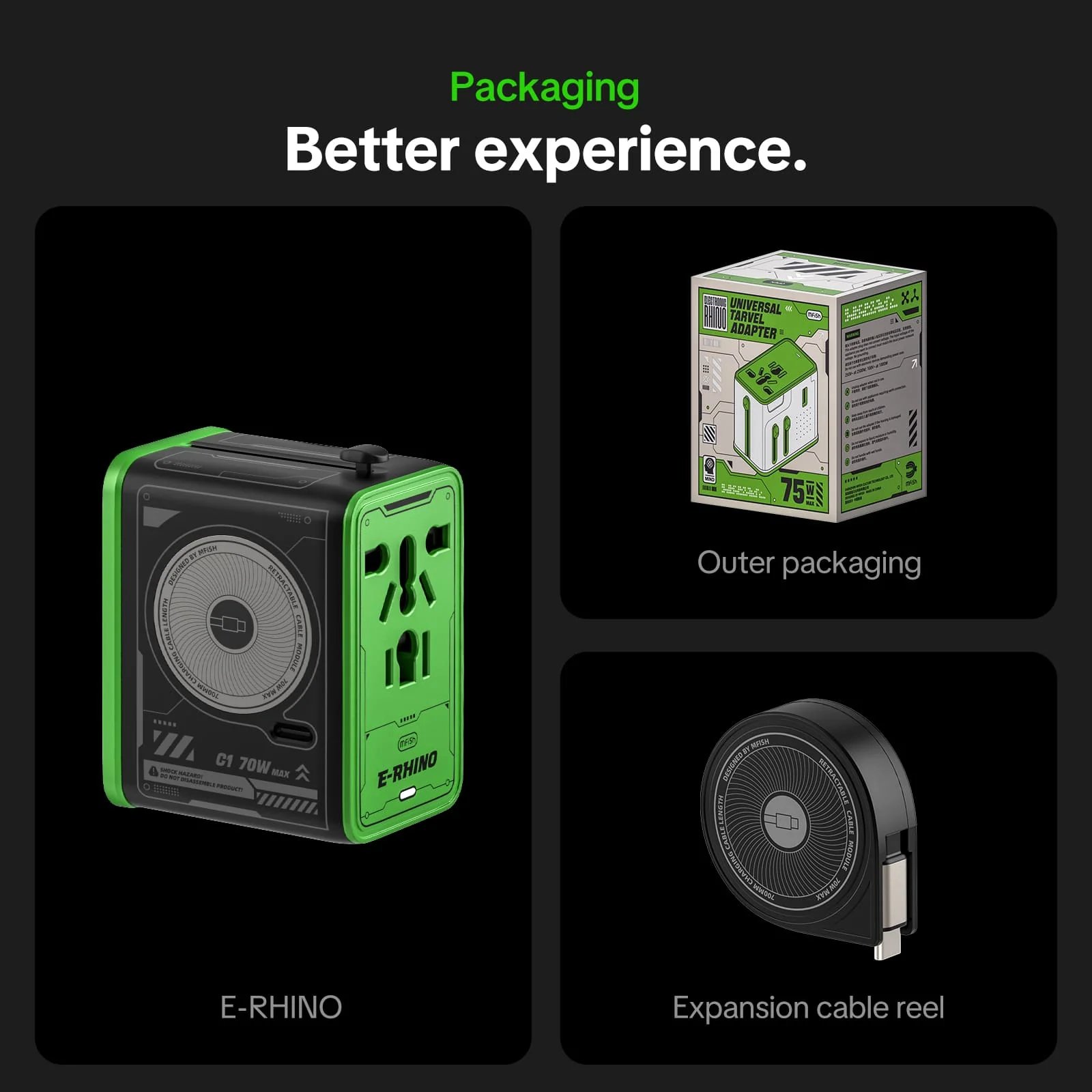 Mfish E-RHINO Travel Adapter (75W, 5-in-1, GaN, Built-in Retractable Cable) - Image 4